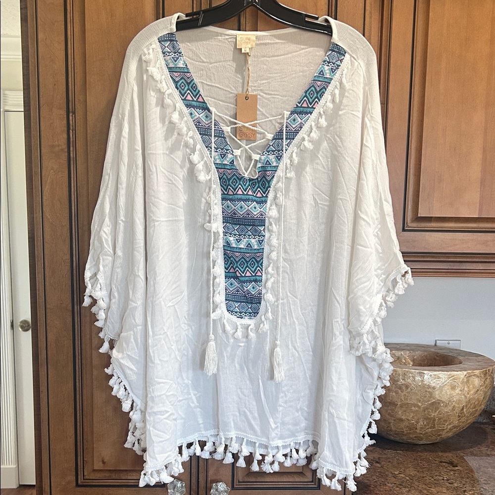 Surf Gypsy White Tunic coverup with Blue Pattern & tassels
